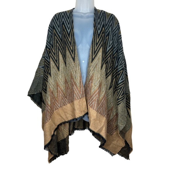 Modena Chevron Poncho Cape Open Front Fringe Hem Sweater Wrap Shawl One Size - Picture 1 of 5